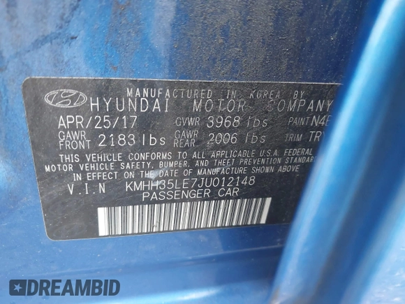 2018 Hyundai Elantra with VIN KMHH35LE7JU012148, listed as a IAAI auction lot 42211648 with 81,390 mi miles and . Bid and sale history available at DreamBid. Image 9.