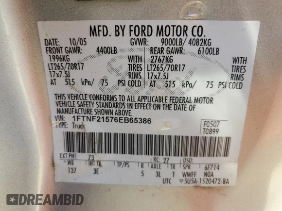 2006 Ford F-250 XL with VIN 1FTNF21576EB65386, listed as a Copart auction lot 54137515 with 112,244 mi miles and Salvage title. Bid and sale history available at DreamBid. Image 13.