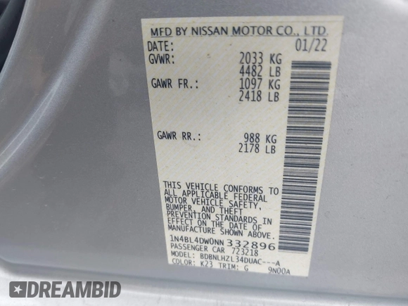 2022 Nissan Altima SV z VIN 1N4BL4DW0NN332896, wystawiony jako IAAI lot #41368811 z przebiegiem 35 062 mil mil oraz . Historia ofert i sprzedaży dostępna na DreamBid. Obrazek 9.