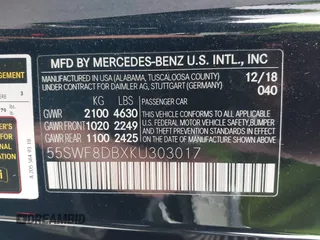 2019 Mercedes-Benz C 300 with VIN 55SWF8DBXKU303017, listed as a IAAI auction lot 41841700 with Not Provided miles and . Bid and sale history available at DreamBid. Image 9.
