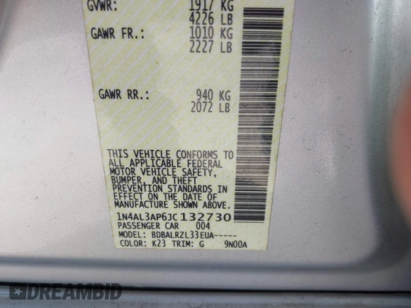 2018 Nissan Altima SR with VIN 1N4AL3AP6JC132730, listed as a IAAI auction lot 41585178 with 128,882 mi miles and . Bid and sale history available at DreamBid. Image 9.