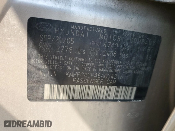 2006 Hyundai Azera SE with VIN KMHFC46F46A034316, listed as a Copart auction lot 61857655 with 203,011 mi miles and Salvage title. Bid and sale history available at DreamBid. Image 12.
