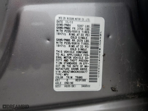 2012 Nissan Murano LE with VIN JN8AZ1MW3CW209477, listed as a Copart auction lot 51848265 with 0 mi miles and Clean Title. Bid and sale history available at carsss.com. Image 13.