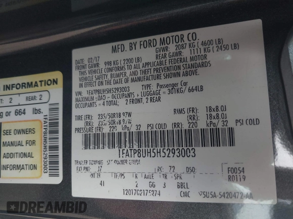 2017 Ford Mustang EcoBoost Premium with VIN 1FATP8UH5H5293003, listed as a IAAI auction lot 42047402 with 108,049 mi miles and . Bid and sale history available at DreamBid. Image 9.