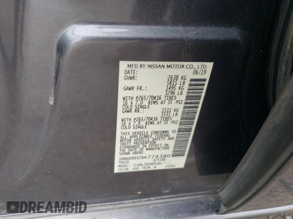 2019 Nissan Frontier SV z VIN 1N6AD0EV2KN774380, wystawiony jako Copart lot #55849335 z przebiegiem 81 930 mil mil oraz Szkoda całkowita • Salvage title. Historia ofert i sprzedaży dostępna na DreamBid. Obrazek 12.