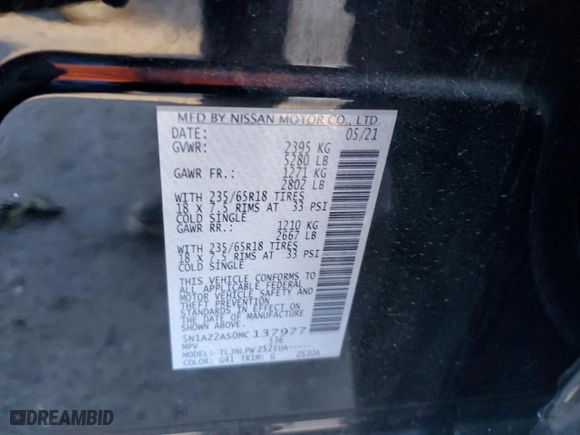 2021 Nissan Murano S with VIN 5N1AZ2AS0MC137977, listed as a Copart auction lot 80531794 with 35,908 mi miles and Salvage Title. Bid and sale history available at carsss.com. Image 13.