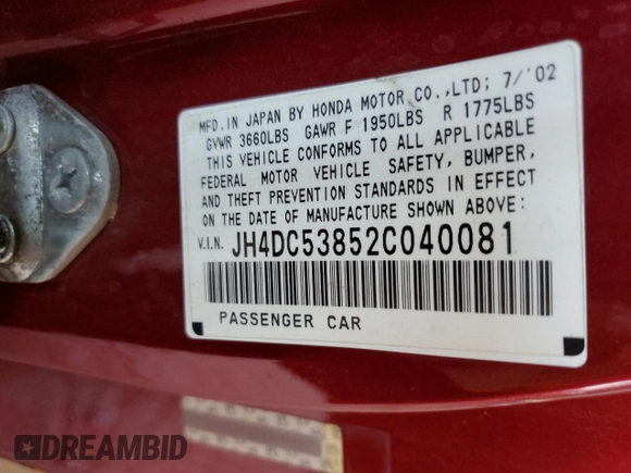2002 Acura RSX Manual with VIN JH4DC53852C040081, listed as a Copart auction lot 61166654 with 334,675 mi miles and Salvage Title. Bid and sale history available at carsss.com. Image 12.