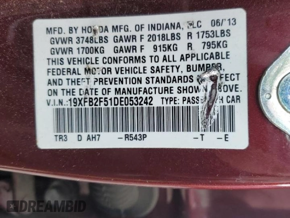 2013 Honda Civic LX with VIN 19XFB2F51DE053242, listed as a Copart auction lot 45989055 with 96,441 mi miles and Salvage title. Bid and sale history available at DreamBid. Image 13.