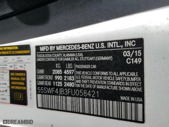 2015 Mercedes-Benz C-Class C 300 with VIN 55SWF4JB3FU058421, listed as a Copart auction lot 89027015 with 166,332 mi miles and Clean Title. Bid and sale history available at carsss.com. Image 12.