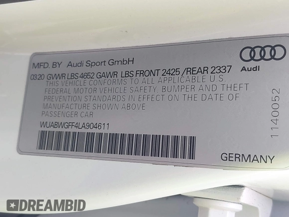 2020 Audi RS 3 with VIN WUABWGFF4LA904611, listed as a IAAI auction lot 42860543 with 36,566 mi miles and . Bid and sale history available at DreamBid. Image 9.