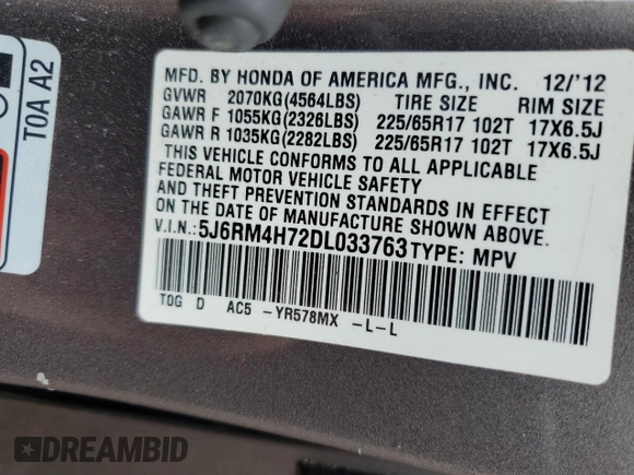 2013 Honda CR-V EX-L z VIN 5J6RM4H72DL033763, wystawiony jako Copart lot #56979455 z przebiegiem Nie podano mil oraz Szkody całkowita. Historia ofert i sprzedaży dostępna na DreamBid. Obrazek 12.