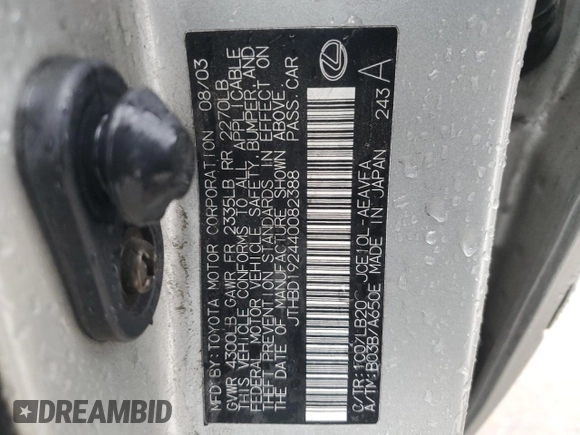 2004 Lexus IS 300/350 z VIN JTHBD192440082388, wystawiony jako Copart lot #45740095 z przebiegiem 218 824 mil mil oraz Szkoda całkowita • Salvage title. Historia ofert i sprzedaży dostępna na DreamBid. Obrazek 14.