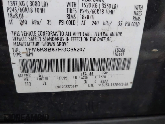2017 Ford Explorer with VIN 1FM5K8B87HGC65207, listed as a IAAI auction lot 41570521 with 123,593 mi miles and . Bid and sale history available at DreamBid. Image 9.