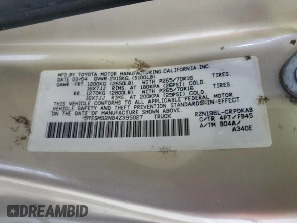 2004 Toyota Tacoma PreRunner with VIN 5TESM92N84Z395027, listed as a Copart auction lot 48431895 with Not provided miles and Salvage title. Bid and sale history available at DreamBid. Image 13.