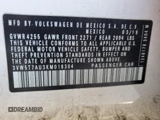 2019 Volkswagen GTI S с VIN 3VW5T7AU3KM018304, выставлен на аукционе Copart как лот 56257405 с пробегом 70 892 миль миль и Списание • Salvage title. История ставок и продаж доступна на DreamBid. Изображение 12.