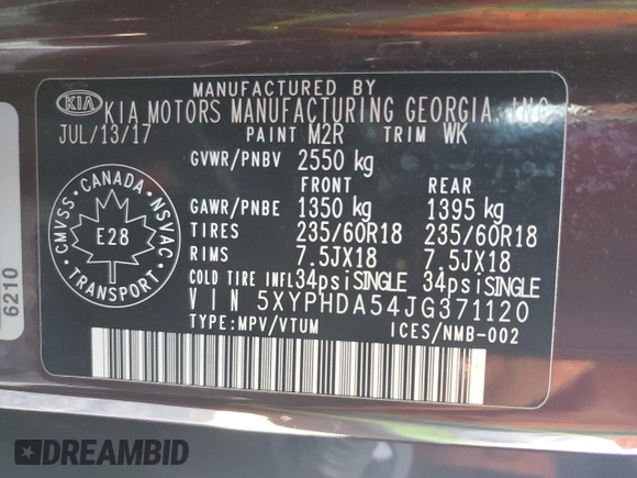 2018 Kia Sorento EX with VIN 5XYPHDA54JG371120, listed as a Copart auction lot 49114435 with 103,319 mi miles and Clean Title. Bid and sale history available at carsss.com. Image 14.