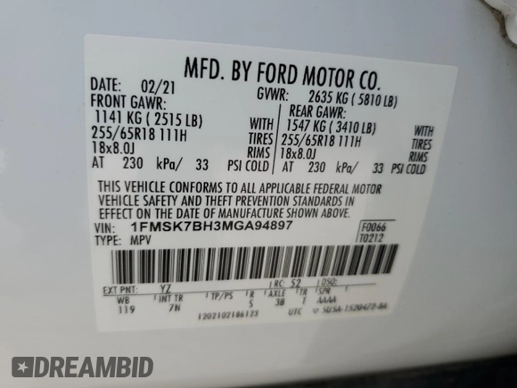2021 Ford Explorer z VIN 1FMSK7BH3MGA94897, wystawiony jako Copart lot #53405285 z przebiegiem 58 804 mil mil oraz Czysty tytuł • Clean title. Historia ofert i sprzedaży dostępna na DreamBid. Obrazek 12.