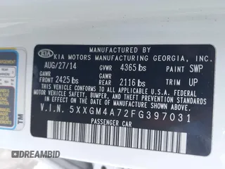 2015 Kia Optima LX with VIN 5XXGM4A72FG397031, listed as a IAAI auction lot 40628126 with 170,106 mi miles. Bid and sale history available at carsss.com. Image 9.