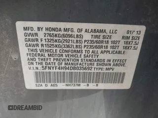 2013 Honda Pilot Touring with VIN 5FNYF4H94DB035692, listed as a IAAI auction lot 41771116 with 137,464 mi miles and . Bid and sale history available at carsss.com. Image 9.