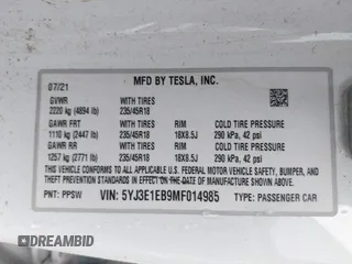 2021 Tesla Model 3 Long Range z VIN 5YJ3E1EB9MF014985, wystawiony jako IAAI lot #41672208 z przebiegiem 52 222 mil mil oraz . Historia ofert i sprzedaży dostępna na DreamBid. Obrazek 9.