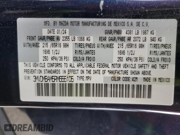 2024 Mazda CX-30 S with VIN 3MVDMBAM5RM655105, listed as a Copart auction lot 45430725 with 10,096 mi miles and Salvage Title. Bid and sale history available at DreamBid. Image 12.