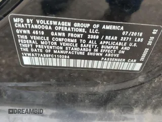2015 Volkswagen Passat Limited Edition with VIN 1VWAT7A38FC110294, listed as a Copart auction lot 63344235 with 116,169 mi miles and Clean title. Bid and sale history available at DreamBid. Image 12.