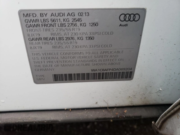 2013 Audi Q5 Hybrid Prestige with VIN WA1C8AFP4DA069204, listed as a Copart auction lot 80386824 with 85,958 mi miles and Clean title. Bid and sale history available at DreamBid. Image 13.