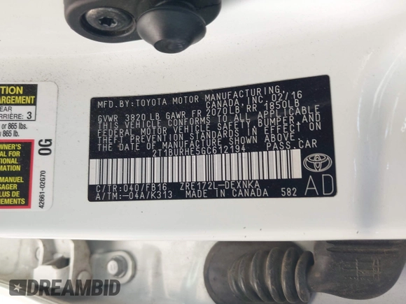 2016 Toyota Corolla L with VIN 2T1BURHE5GC612194, listed as a IAAI auction lot 42534059 with 96,588 mi miles and . Bid and sale history available at DreamBid. Image 9.
