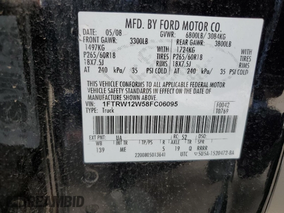 2008 Ford F-150 XL with VIN 1FTRW12W58FC06095, listed as a Copart auction lot 54943145 with 254,495 mi miles and Salvage title. Bid and sale history available at DreamBid. Image 12.