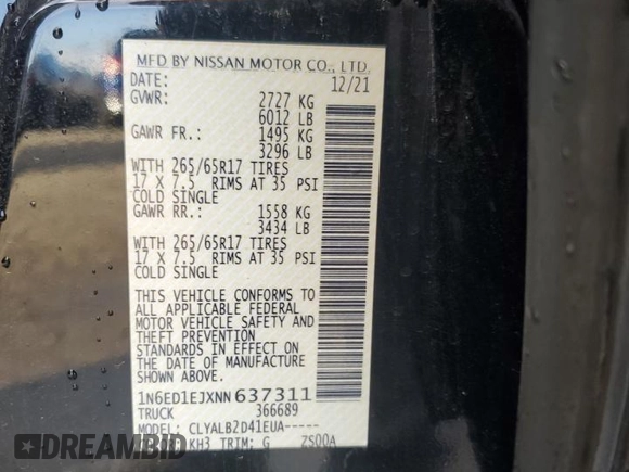 2022 Nissan Frontier Pro-X with VIN 1N6ED1EJXNN637311, listed as a Copart auction lot 45567135 with 60,224 mi miles and Salvage title. Bid and sale history available at DreamBid. Image 12.