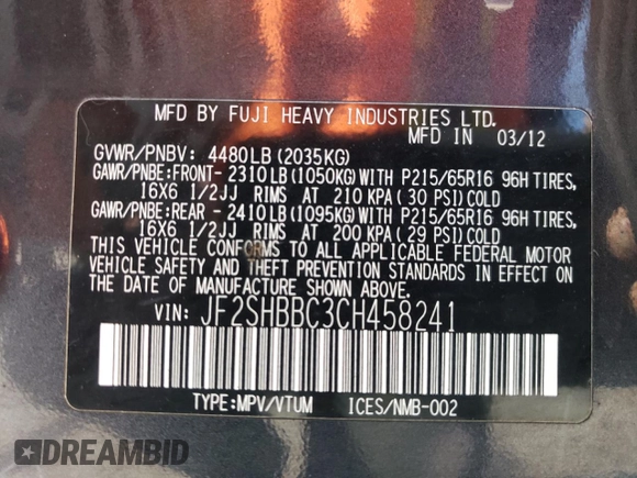 2012 Subaru Forester X with VIN JF2SHBBC3CH458241, listed as a Copart auction lot 51794985 with 183,226 mi miles and Salvage Title. Bid and sale history available at DreamBid. Image 14.