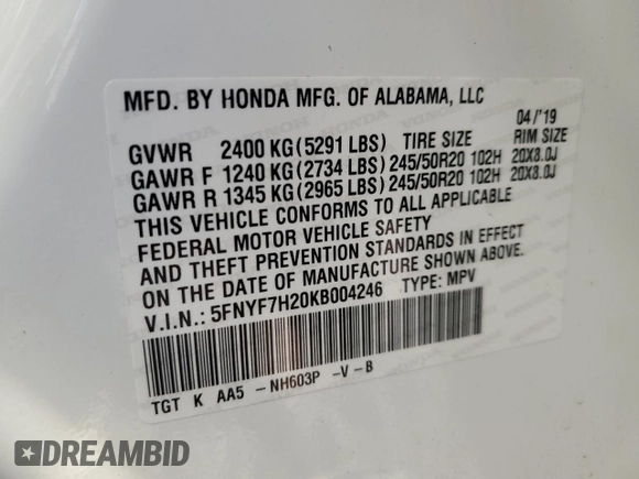 2019 Honda Passport Sport with VIN 5FNYF7H20KB004246, listed as a Copart auction lot 81797484 with 65,624 mi miles and Salvage Title. Bid and sale history available at carsss.com. Image 15.