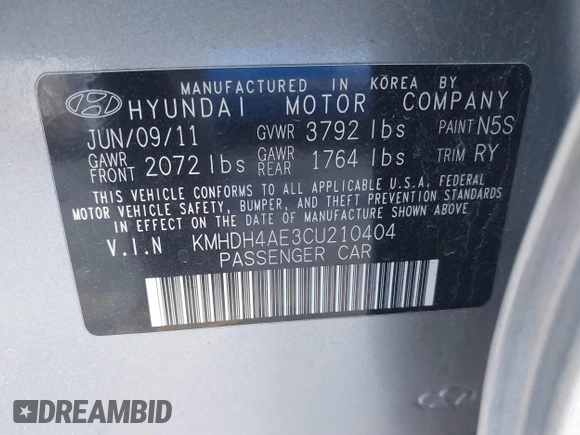 2012 Hyundai Elantra Limited с VIN KMHDH4AE3CU210404, выставлен на аукционе IAAI как лот 41157978 с пробегом 160 493 миль миль и . История ставок и продаж доступна на DreamBid. Изображение 9.