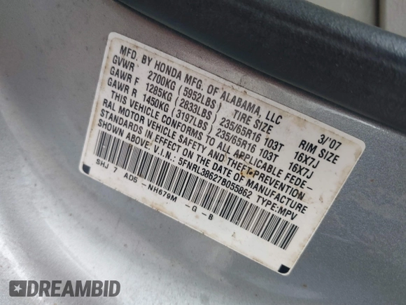 2007 Honda Odyssey EX-L with VIN 5FNRL38627B055862, listed as a IAAI auction lot 42148442 with 225,627 mi miles. Bid and sale history available at carsss.com. Image 9.