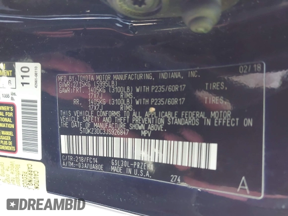 2018 Toyota Sienna LE Auto Access Seat with VIN 5TDKZ3DC3JS926847, listed as a IAAI auction lot 41969008 with 97,189 mi miles. Bid and sale history available at carsss.com. Image 9.