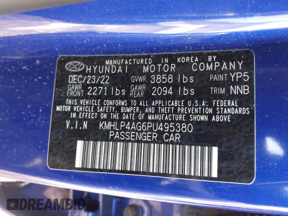 2023 Hyundai Elantra Limited with VIN KMHLP4AG6PU495380, listed as a IAAI auction lot 41798063 with 31,790 mi miles and . Bid and sale history available at DreamBid. Image 9.