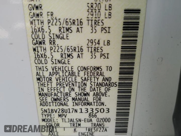2007 Nissan Quest SL z VIN 5N1BV28U17N133503, wystawiony jako Copart lot #50760555 z przebiegiem 142 519 mil mil oraz Szkoda całkowita • Salvage title. Historia ofert i sprzedaży dostępna na DreamBid. Obrazek 13.