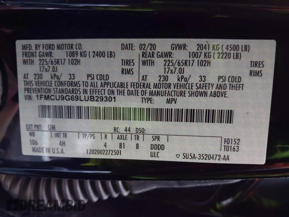 2020 Ford Escape SE z VIN 1FMCU9G69LUB29301, wystawiony jako IAAI lot #42382811 z przebiegiem 55 197 mil mil oraz . Historia ofert i sprzedaży dostępna na DreamBid. Obrazek 9.