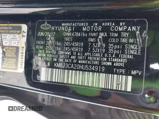 2017 Hyundai Tucson Limited with VIN KM8J3CA20HU534919, listed as a IAAI auction lot 42523205 with 68,549 mi miles and . Bid and sale history available at DreamBid. Image 9.