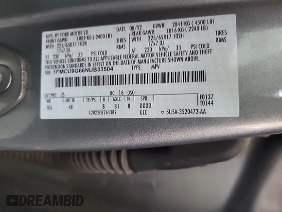 2022 Ford Escape SE z VIN 1FMCU9G66NUB33504, wystawiony jako IAAI lot #42748133 z przebiegiem 74 338 mil mil oraz . Historia ofert i sprzedaży dostępna na DreamBid. Obrazek 17.