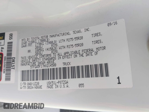 2017 Toyota Tundra Platinum with VIN 5TFGW5F17HX214500, listed as a IAAI auction lot 42103903 with 76,775 mi miles and . Bid and sale history available at DreamBid. Image 9.