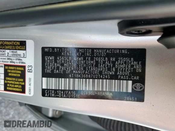 2007 Toyota Avalon XL with VIN 4T1BK36B87U214245, listed as a Copart auction lot 51054195 with 154,800 mi miles and Salvage Title. Bid and sale history available at carsss.com. Image 14.