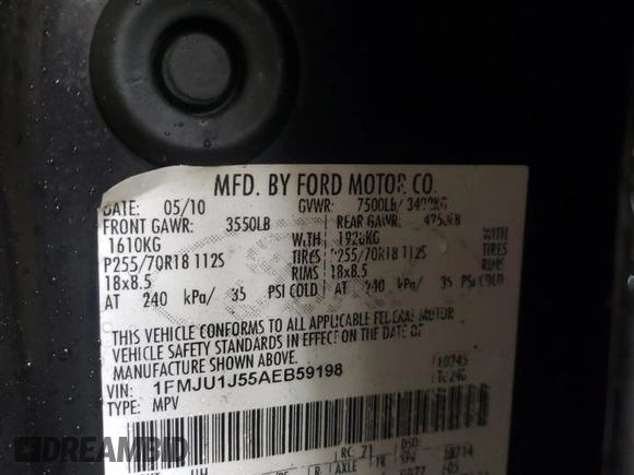 2010 Ford Expedition Eddie Bauer with VIN 1FMJU1J55AEB59198, listed as a Copart auction lot 52499065 with 130,865 mi miles and Salvage title. Bid and sale history available at DreamBid. Image 12.