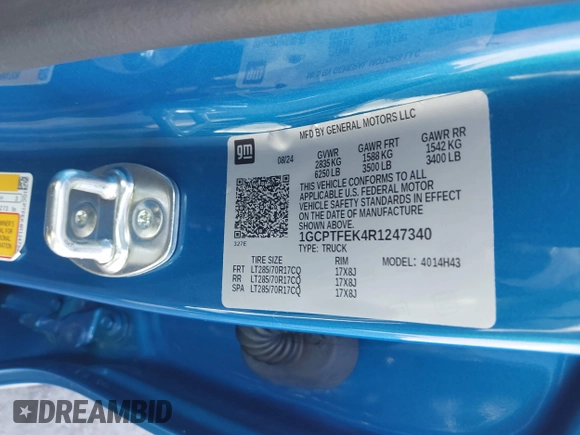 2024 Chevrolet Colorado 4WD ZR2 with VIN 1GCPTFEK4R1247340, listed as a IAAI auction lot 41690407 with 3,421 mi miles and . Bid and sale history available at DreamBid. Image 9.