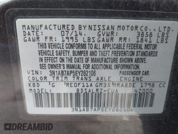 2014 Nissan Sentra SR with VIN 3N1AB7AP5EY282106, listed as a IAAI auction lot 42029280 with 76,514 mi miles and . Bid and sale history available at DreamBid. Image 9.