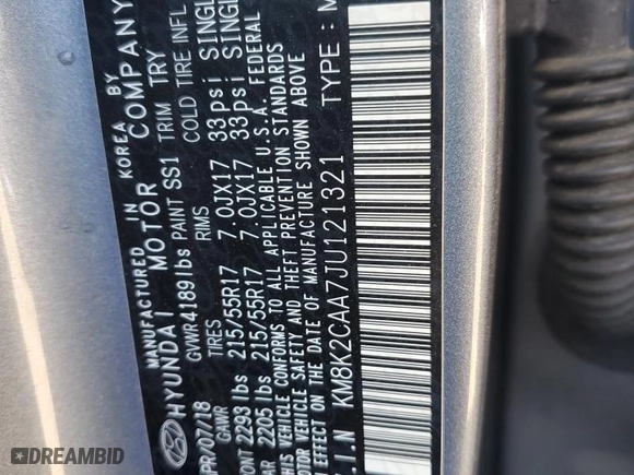 2018 Hyundai Kona SEL with VIN KM8K2CAA7JU121321, listed as a Copart auction lot 45602095 with 54,856 mi miles and Salvage Title. Bid and sale history available at carsss.com. Image 15.