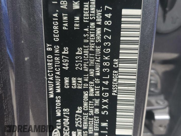 2019 Kia Optima LX with VIN 5XXGT4L38KG327847, listed as a Copart auction lot 55246455 with 88,649 mi miles and Salvage Title. Bid and sale history available at carsss.com. Image 12.
