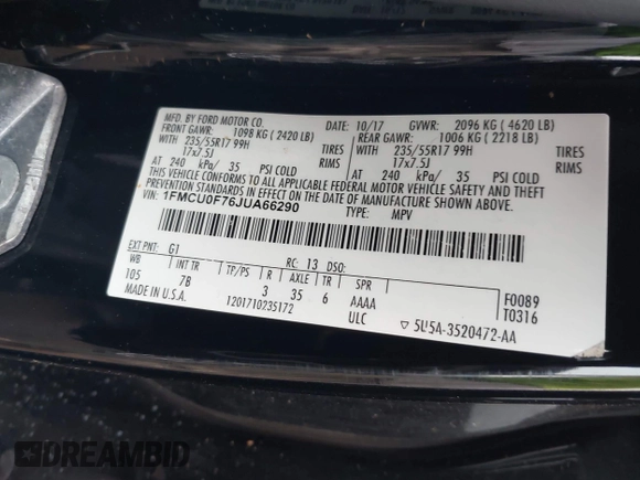 2018 Ford Escape S with VIN 1FMCU0F76JUA66290, listed as a IAAI auction lot 42349895 with 116,570 mi miles and . Bid and sale history available at DreamBid. Image 9.