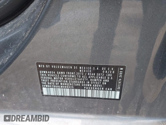 2020 Volkswagen Jetta S with VIN 3VWN57BU0LM086425, listed as a IAAI auction lot 42511761 with 32,644 mi miles and . Bid and sale history available at DreamBid. Image 9.