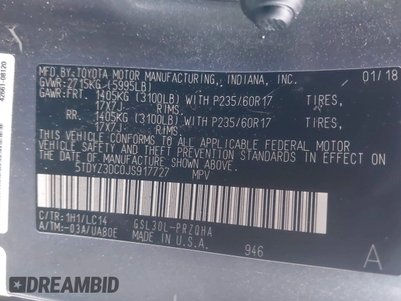 2018 Toyota Sienna XLE Auto Access Seat with VIN 5TDYZ3DC0JS917727, listed as a IAAI auction lot 41746005 with 130,565 mi miles and . Bid and sale history available at DreamBid. Image 9.